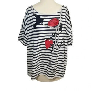 {H&M} Nautical Black Bird & Rose Print Striped Top